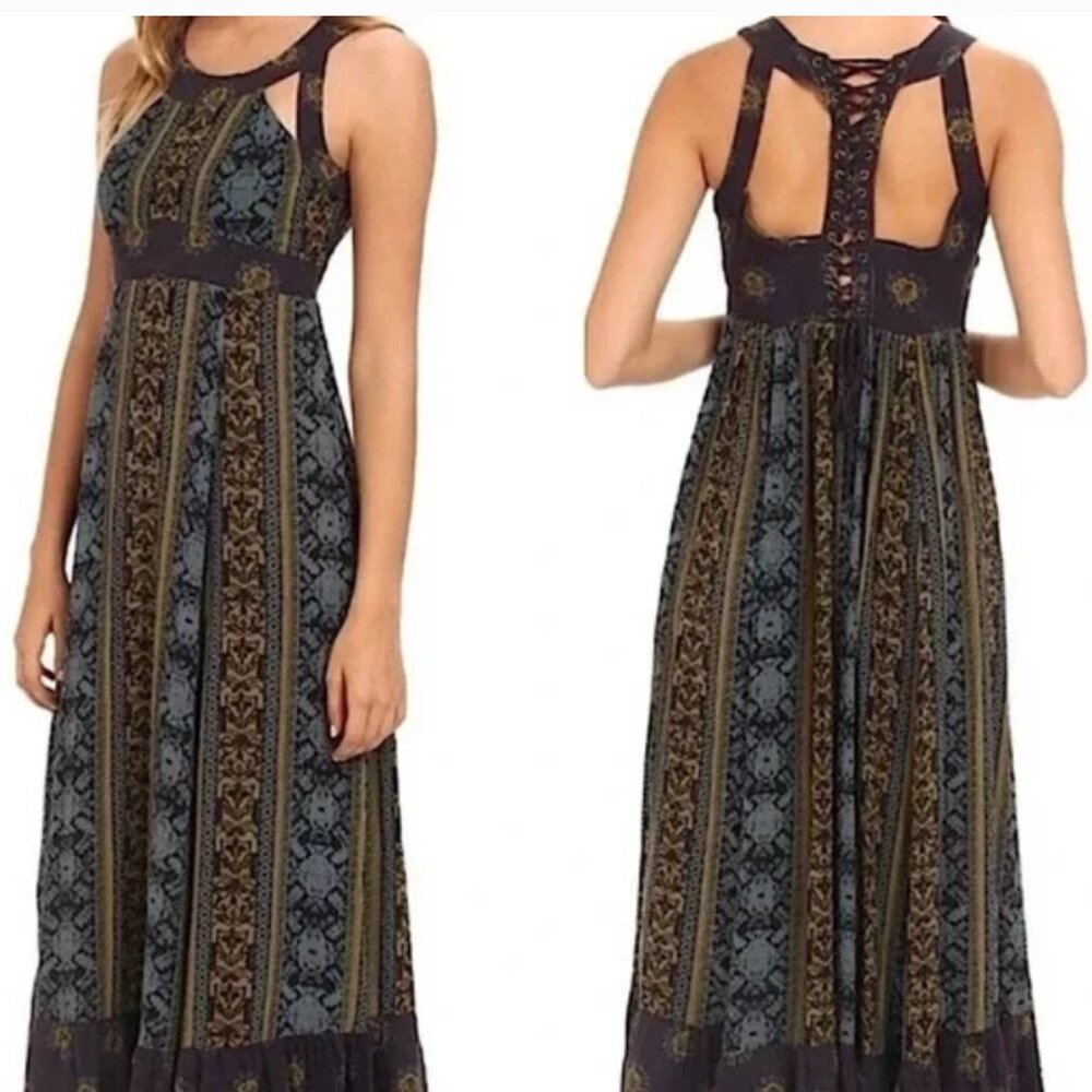 Free People Blue Maxi Sundress with Halter Neckline and Sleeveless Design